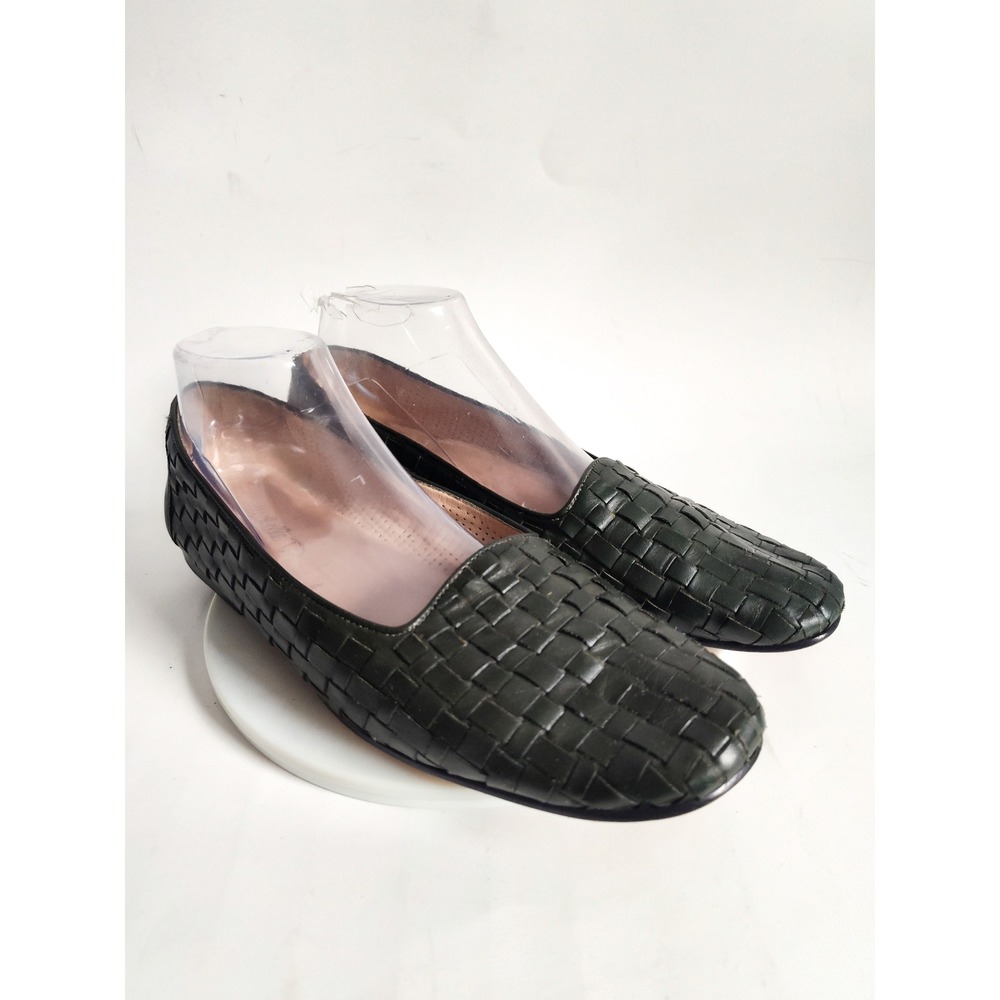 Michelle D Loafers 10 Flats Vintage Woven Leather Sole Forest Green Square Toe